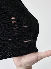 ROMWE Goth Suéter oversize con jacquard de cruz gótica desgastado - Negro - Ver 8