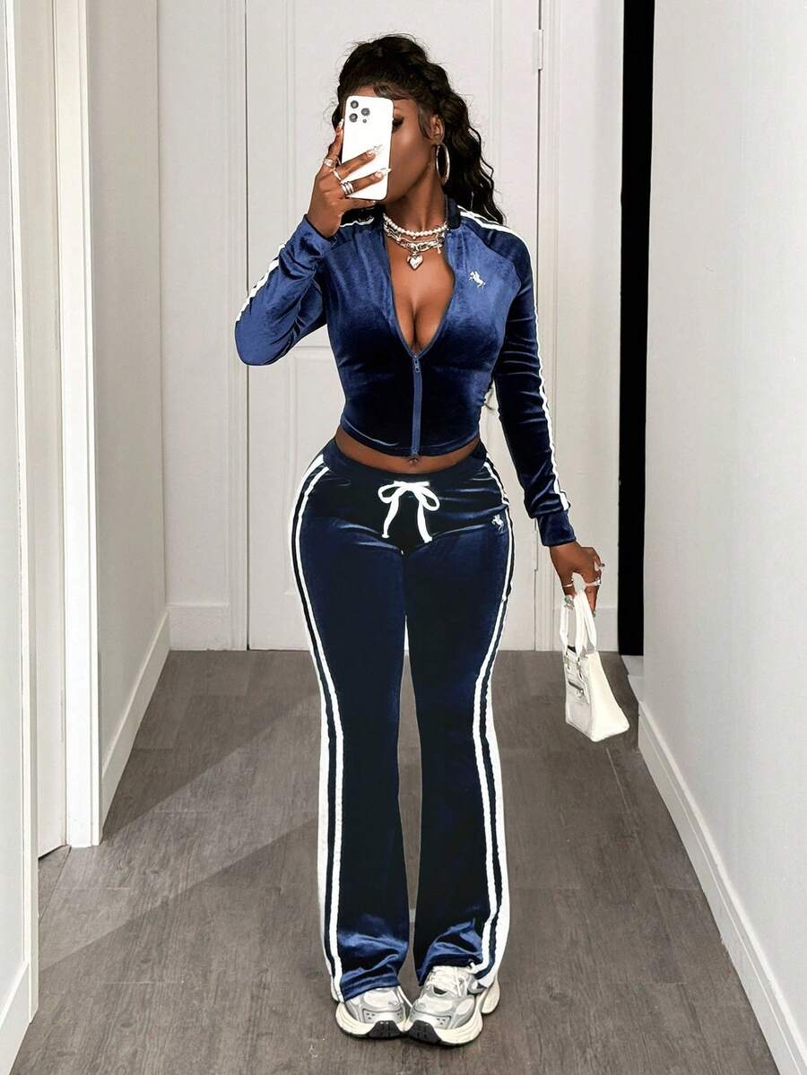 BamGleam 女士休闲运动两件套双肩带长袖 - 寶藍色 - 查看 1