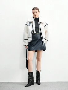 CUCCOO BIZCHIC 女款百褶疊層管靴，鉚釘裝飾，折疊管身，尖頭中筒靴，粗方跟，酷街風日常約會穿搭踝靴 - 黑色 - 查看 10