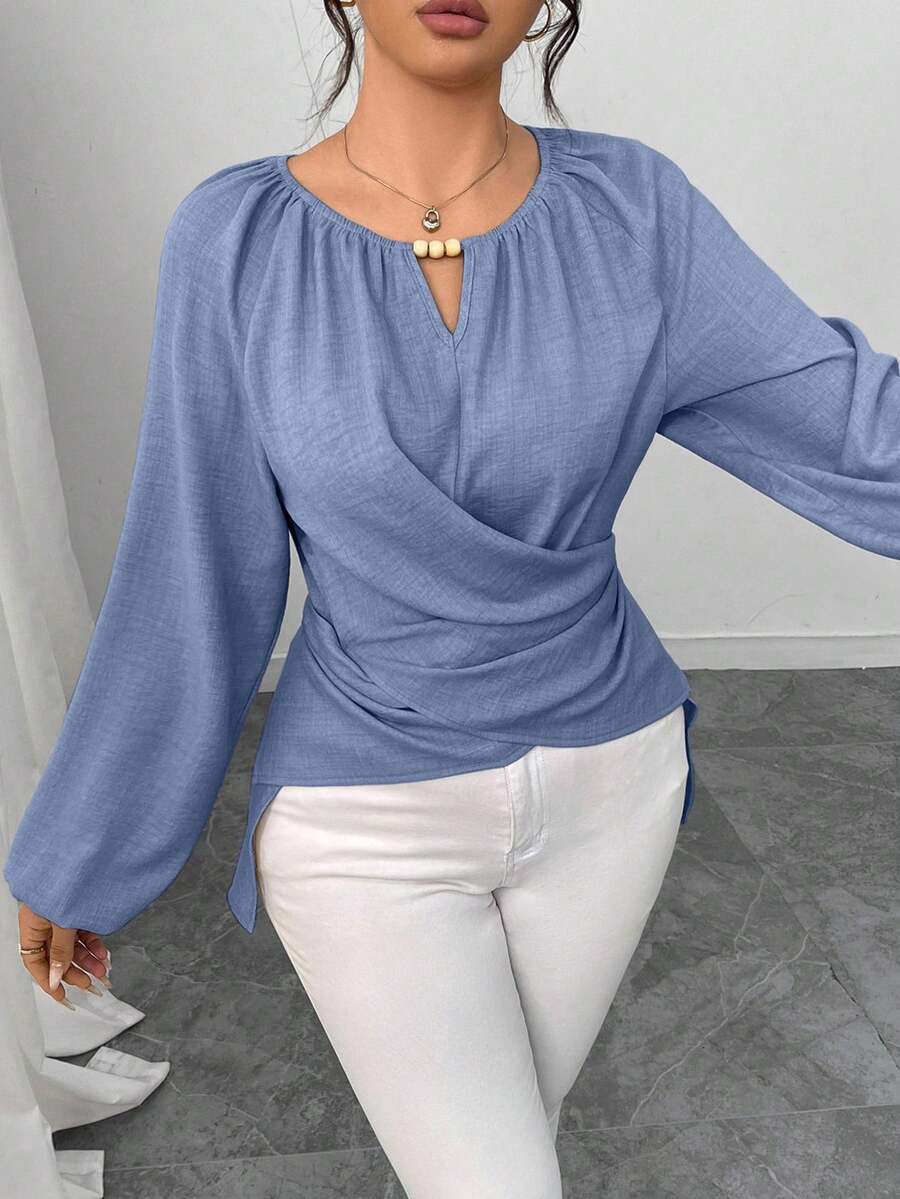 Elenzga 女式串珠裹身式束腰衬衫，秋冬 - 霧霾藍 - 查看 1