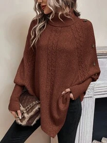 EMERY ROSE Women's Casual Solid Color Turtleneck Batwing Sleeve Sweater, Autumn/Winter