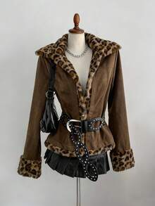 Sweetra Y2K Retro Varsity Style Cropped Jacket With Fleece Collar For Women, Fitted Silhouette, Autumn/Winter - Coffee Brown - View 3