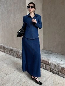 K-Vae 女士秋冬修身基本款经典牛仔衬衫，老钱风衬衫，新年装，新年装