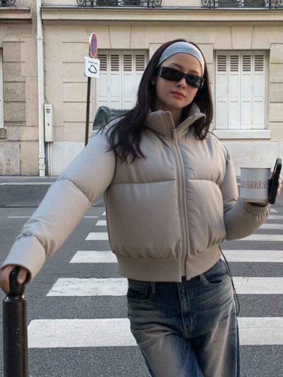 Teen Girls' Short Zip-Up High Collar Padded Coat, Casual Commuter Wear, Autumn/Winter Fall - Grey - View 1