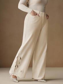 Anewsta Women's Fashionable Embroidered White Straight-Leg Pants - Beige - View 4