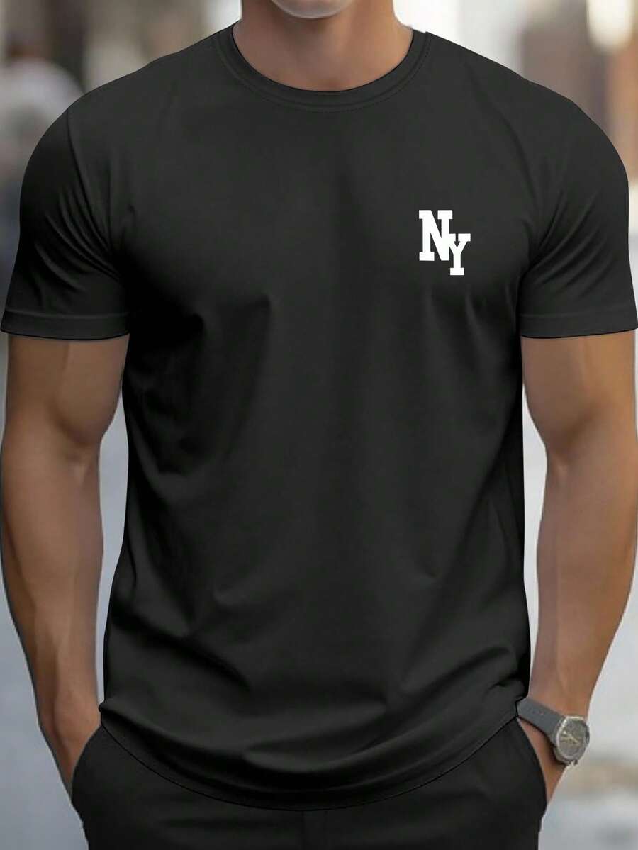 Manfinity Homme Men's Letter Print Round Neck Short Sleeve Casual Versatile T-Shirt - Black - View 1