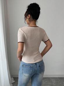 Selianne French Style Color Block Deep V-Neck Bow Design Fitted Women T-Shirt - Multicolor - View 2