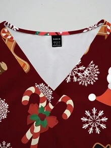 PopScrub 女士时尚 V 领短袖磨砂上衣，卡通驯鹿、雪花、圣诞树和圣诞老人全身印花，圣诞主题 - 彩色 - 查看 6