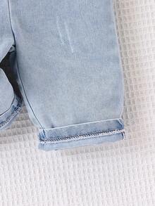 SHEIN Playful Pals 女婴可爱动物刺绣围兜和连衣裤，夏季 - 淺藍色 - 查看 6