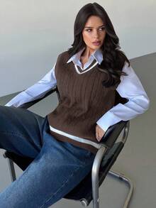 Firerie Áo len chui đầu cổ chữ V dệt kim sọc tương phản màu dành cho nữ (Không bao gồm áo), Áo len đi làm hàng ngày, Đa năng, Thiết yếu, Thu/Đông, Đi làm, Thanh lịch, Thường ngày, Hàng ngày, Công sở - màu nâu - Xem 5