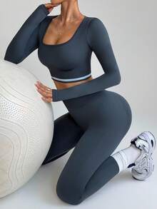 SHEIN Dewbera 2025秋冬女士无缝紧身长袖运动服套装瑜伽健身跑步圆领 - 灰色 - 查看 6