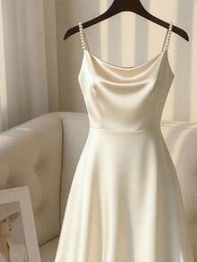 SHEIN Franclia 女士优雅缎面珍珠吊带裙，A 字廓形，适合通勤、派对和活动