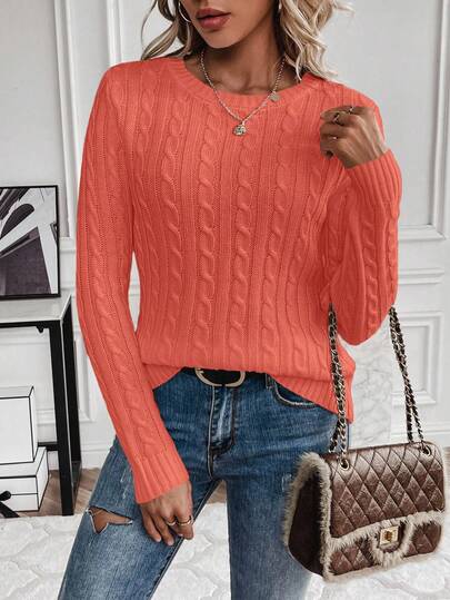 EMERY ROSE Women's Solid Color Cable Knit Crew Neck Long Sleeve Sweater, Autumn/Winter