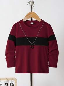 Vacaura Young Boys' Casual Color Block Long Sleeve Round Neck T-Shirt,Sports Style Design Tops For Summer,School,Spring,Autumn,Outdoor Activities,Daily Wear - Burgundy - View 5
