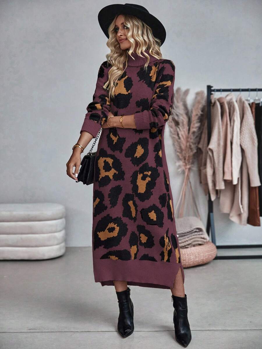 EMERY ROSE 女式休闲豹纹高领长袖针织毛衣裙，秋冬 - 彩色 - 查看 1