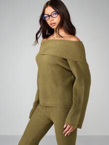 MISSGUIDED 罗纹针织露肩两件套长袖露肩毛衣喇叭裤冬季舒适套装家居服圣诞节 - 綠色 - 查看 5