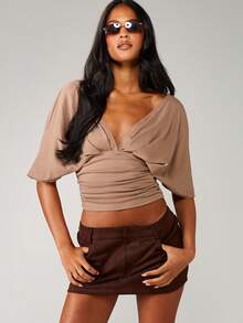 MISSGUIDED Twisted Front Ruched Crop Top Elegant Evening Formal Party Club Ballet Dance Wrap Style Crop Blouse - Khaki - View 5