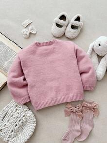 Blossori Young Girls' French Elegant Floral Embroidered Pocket Front Button Knit Cardigan - Pink - View 2