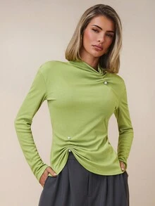 COSMINA Women's Elegant Commuter Solid Color Blouse Lime Green Tops, Cowl Neck Top Green Long Sleeve Top - Green - View 4