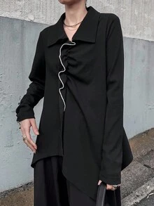 FRIFUL Camiseta holgada y versátil de mujer con cuello vuelto, manga larga, puño acanalado y volante de contraste de color, otoño - Negro - Ver 3