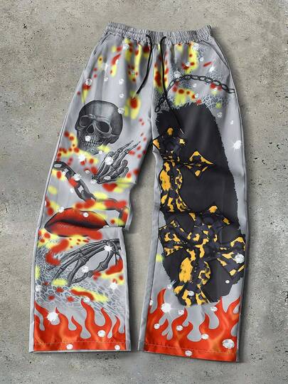 Street Life Pantalones de chándal de estilo callejero para hombres, pantalones de chándal góticos oscuros con estampado de calavera y llamas, cintura con cordón para ajuste cómodo, fácil de lucir el estilo callejero