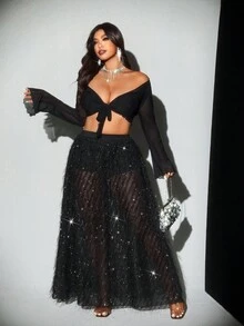 Viva Relle Plus Size Fashionable Sexy Fringed Sheer Skirt - Black - View 5