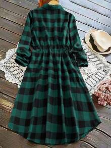 Linhara 秋季大码休闲格子抽绳腰连衣裙 - 綠色 - 查看 2