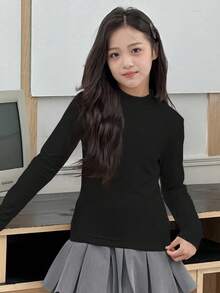 DAZY 青少年女孩高领保暖内衬修身 T 恤，适合秋季穿着 - 黑色 - 查看 3