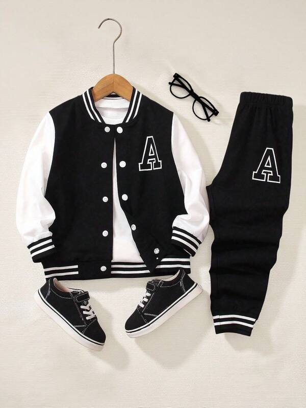 SHEIN Genkimix Kids 2pcs/Set Young Boys' Collegiate Style Outfit - Black Knit Top With White Sleeve Panels & Large Letter A Print, Paired With Matching Printed Sweatpants, Ribbed Collar, Cuffs And Hem, Elastic Waist For Comfort, Casual & Sporty Look Suitable For Spring/Autumn, Daily Wear, School, Travel, Holiday, Relaxation, Sunbathing, Summer