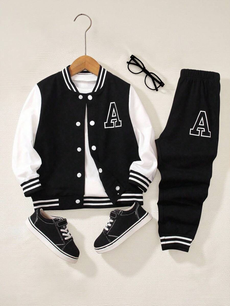 SHEIN Genkimix Kids 2pcs/Set Young Boys' Collegiate Style Outfit - Black Knit Top With White Sleeve Panels & Large Letter A Print, Paired With Matching Printed Sweatpants, Ribbed Collar, Cuffs And Hem, Elastic Waist For Comfort, Casual & Sporty Look Suitable For Spring/Autumn, Daily Wear, School, Travel, Holiday, Relaxation, Sunbathing, Summer - Black - View 1
