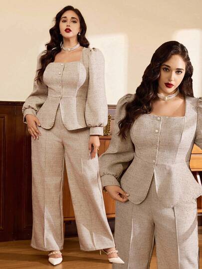 Auvina Blusa ajustada de manga larga con cuello cuadrado, mangas abullonadas, botones de perla decorativos y corte ceñido en tweed color albaricoque para mujer, Pantalones rectos con cintura elástica, cremallera decorativa y ajuste ceñido en tweed color albaricoque para mujer talla grande