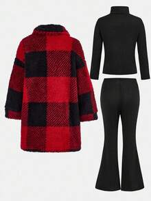 SHEIN Conjunto de 3 piezas para niñas: Chaqueta de manga larga a cuadros, Blusa de cuello alto de manga larga sólida y Pantalones acampanados sólidos, adecuado para Navidad - Burdeos - Ver 2