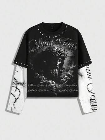 Street Life T-shirt casual à manches longues 2 en 1 avec slogan et impression gothique pour homme, pour l'automne