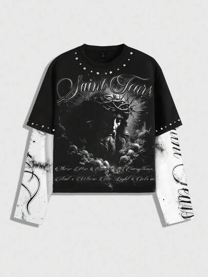 Street Life Men's Slogan & Figure Gothic Print Casual Long Sleeve 2 In 1 T-Shirt, For Fall