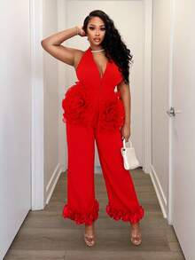 BamGleam Women 3D Floral Halter Sleeveless Top And Long Pants Suit, 2 Pieces Set