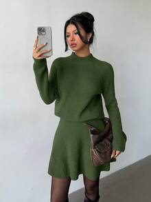 Elenzga Women Loose Casual Round Neck Textured Top And Pleated Skirt 2 Pieces Set - Army Green - View 5