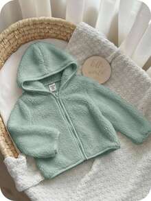Baby Boy Solid Color Long Sleeve Zip-Up Hooded Fleece Jacket, Autumn/Winter - Mint Green - View 6