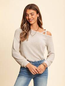Coeurva Damen Langarm Sweatshirt mit Waffeltextur, asymmetrischem Kragen, Ballonärmeln für Lässig und Büro - Aprikosenfarben - Übersicht 1