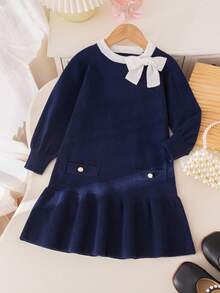 Young Girl Casual Knit Dress With Bow Decor, Autumn/Winter - Navy Blue - View 3