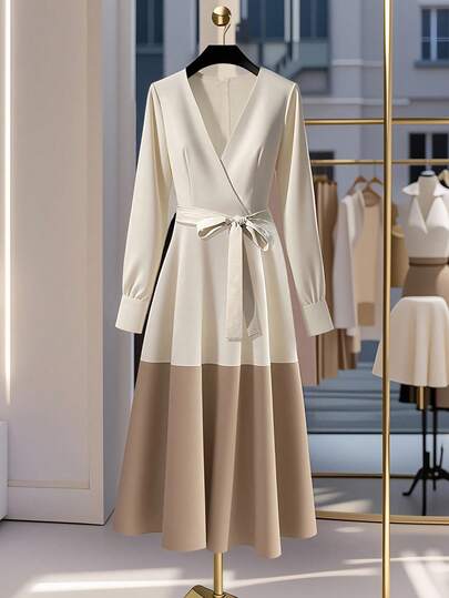 Franclia Women's Elegant V-Neck Long-Sleeved Dress, Patchwork Dress, Tie-Waist Dress, Women's Casual Dress, Spring And Autumn Dress, Long-Sleeved Dress, Women's Vacation Dress.
