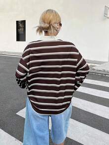 INAWLY Plus Size Women Casual Striped Contrast Color Polo Collar Loose Fit Long Sleeve T-Shirt, Suitable For Daily Commute And School, Spring/Autumn - Coffee Brown - View 2