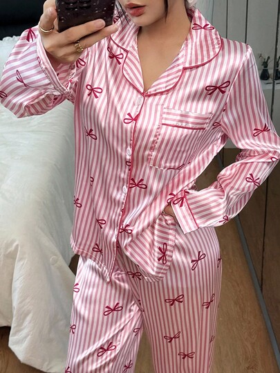 Roze Satijnen Long Sleeve Top Pants Pajama Set Gestreepte Bow Print Home Wear Pyjama Sets Women, Fall Clothes view 3