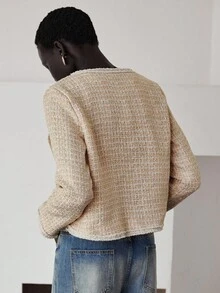 Lumivelle Light Yellow Fabric Patchwork Ribbon Short Jacket - Light Yellow - View 2