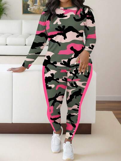 Maweii Plus Size Fashionable Camouflage Print Casual Women Long Sleeve Top And Pants 2 Pieces Set