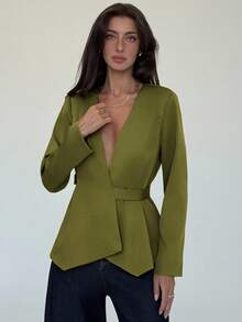 Aloruh Blazer de mujer de unicolor con cuello en V profundo para otoño/invierno - Verde militar - Ver 5