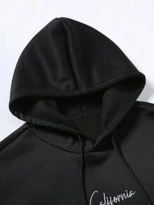 Manfinity Homme Men's Thermal Lined Solid Color Thermal Lined Hoodie With Drawstring, Letter Embroidery, Casual & Versatile, Autumn/Winter, Long Sleeve Top - Black - View 6
