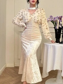 DAZY 秋冬毛绒拼布亮片缀饰鱼尾下摆镂空优雅长裙，适合新年、圣诞节、婚礼派对 - 米色 - 查看 7