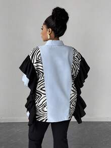Maweii 大码秋季休闲拼布斑马纹前扣荷叶边长袖衬衫 - 彩色 - 查看 4