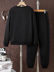 2pcs/Set Casual Teenager Boys Letter Print Crew Neck Sweatshirt And Jogger Pants Set, Suitable For Daily Commute And Sports Wear - Black - View 2