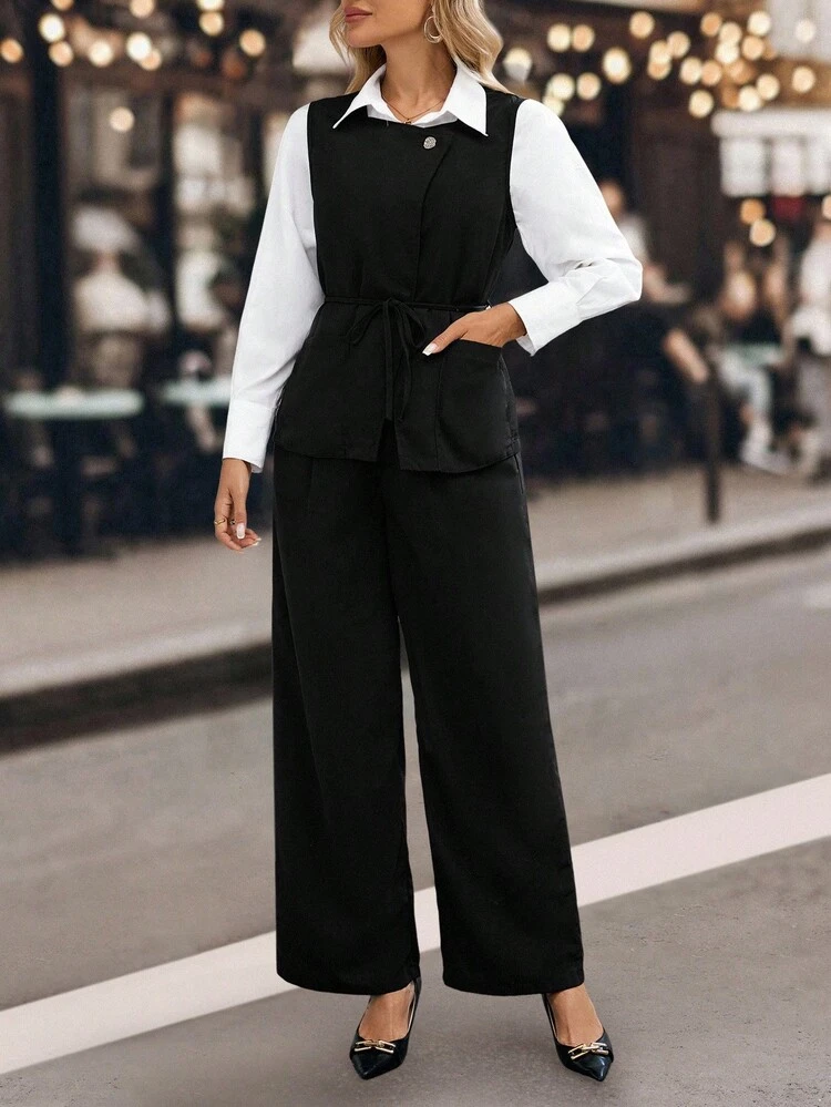 Women's Solid Color Tie Waist Vest And Wide Leg Pants Casual 2 Pieces Set Business Casual Woman Two Piece Outfits Black Suits For Woman Black Pants Suit Women Office Outfits For Women Two Piece Set For Women Fall Clothes For Women